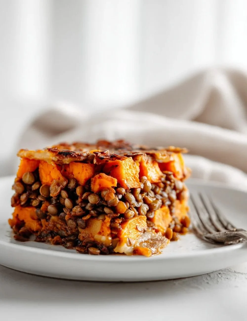 Lentil and sweet potato casserole served in a dish with fresh herbs
