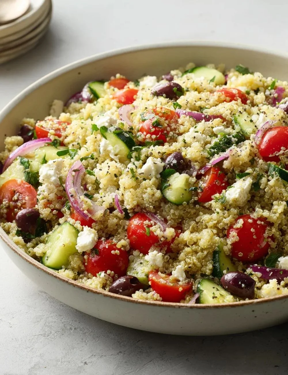 Bowl of Mediterranean quinoa salad with lemon basil dressing and fresh vegetables