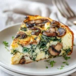 Mushroom spinach crustless quiche served on a plate with fresh herbs