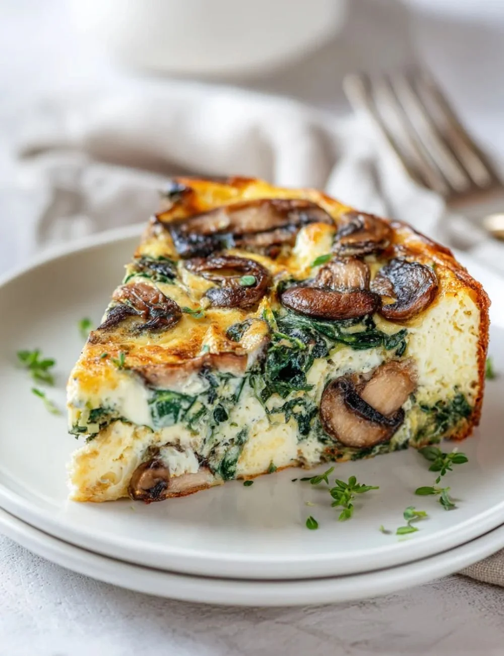 Mushroom spinach crustless quiche served on a plate with fresh herbs