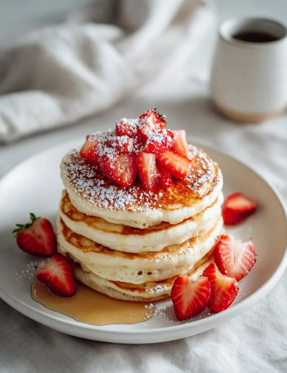 Valentine's Day strawberry pancake breakfast board with toppings