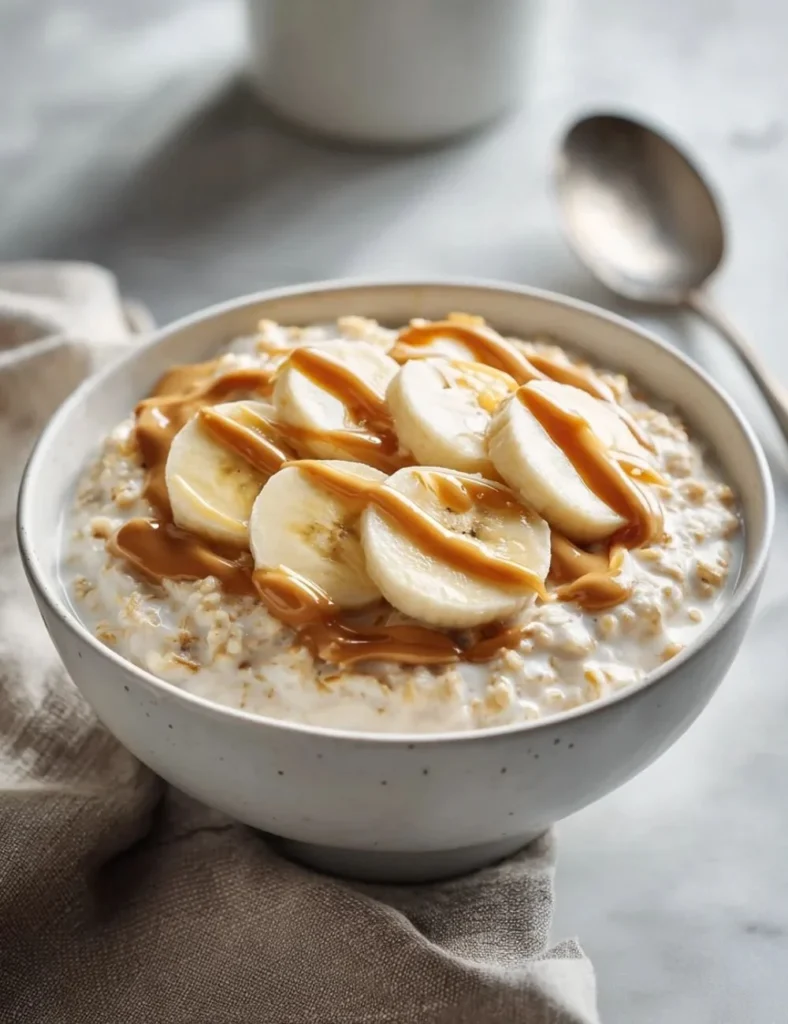 Peanut butter banana cottage cheese oats in a bowl