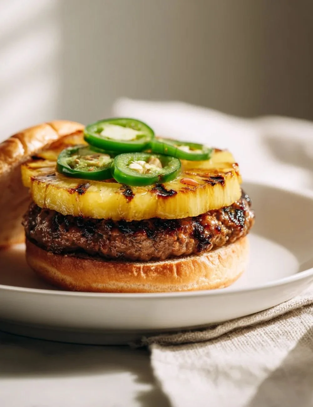 Pineapple Jalapeño Smash Burger with Hot Honey served on a wooden table
