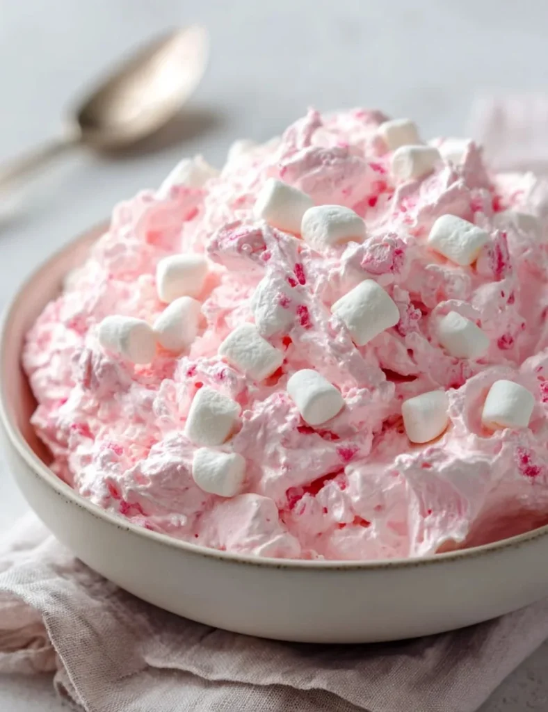 A bowl of Pink Fluff Delight dessert garnished with sprinkles and berries.