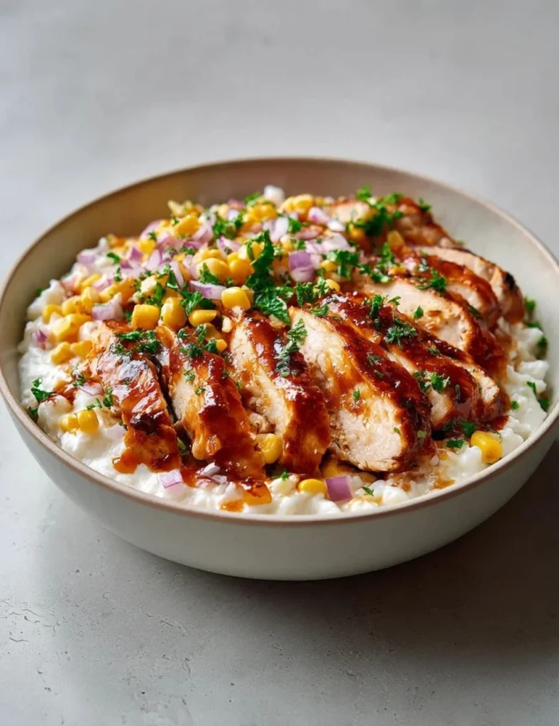 Quick cottage cheese BBQ chicken bowl, healthy meal option with chicken and BBQ sauce
