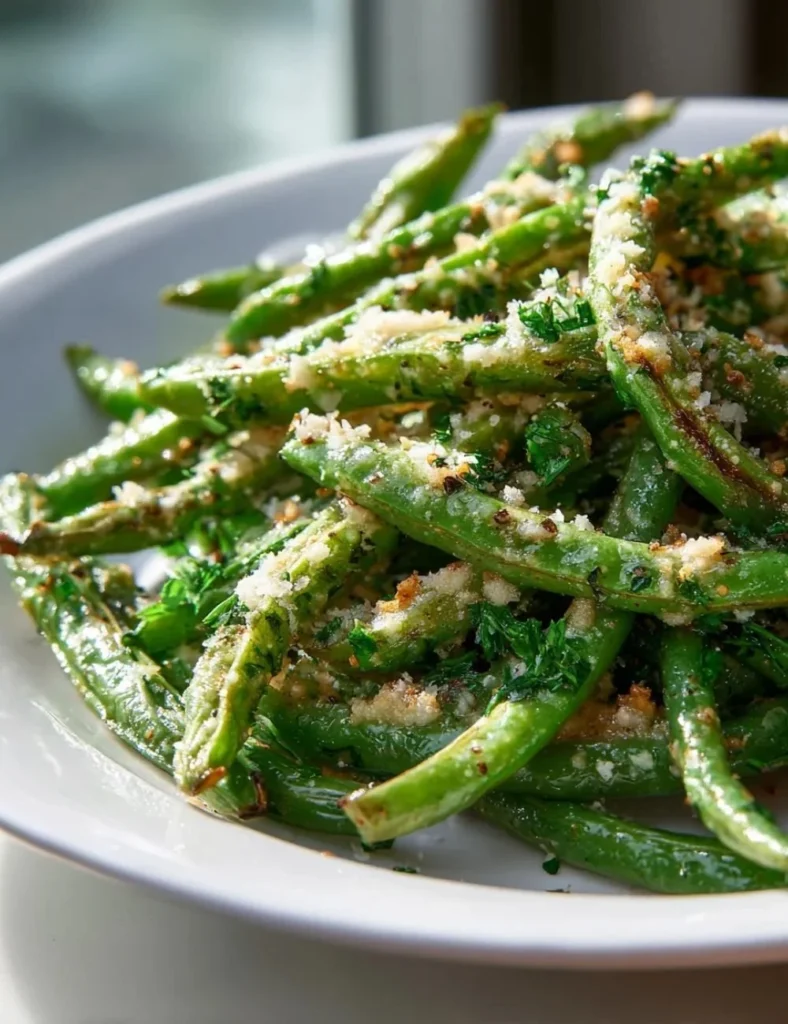 Delicious roasted parmesan green beans served on a plate.