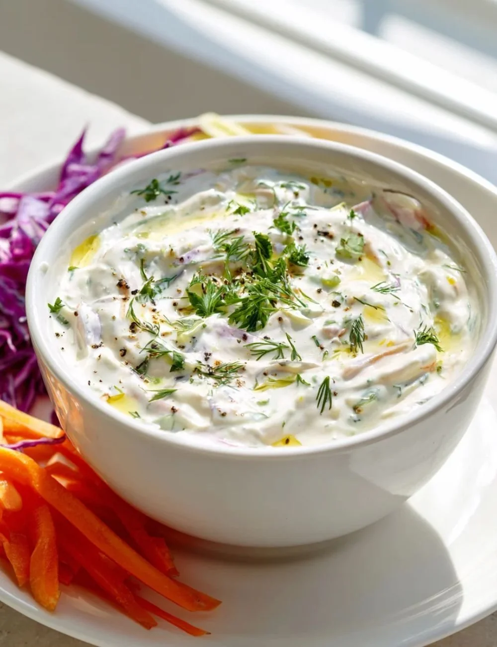 Smooth Greek Yogurt Coleslaw Dressing in a bowl with fresh vegetables