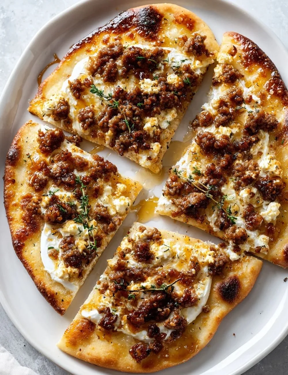 Spicy honey sausage topped flatbread with whipped feta cheese