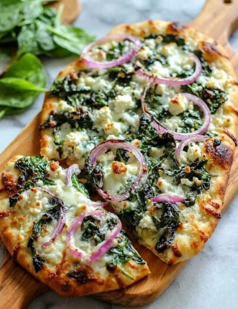 Delicious Spinach Feta Pizza served on a wooden board with fresh toppings.