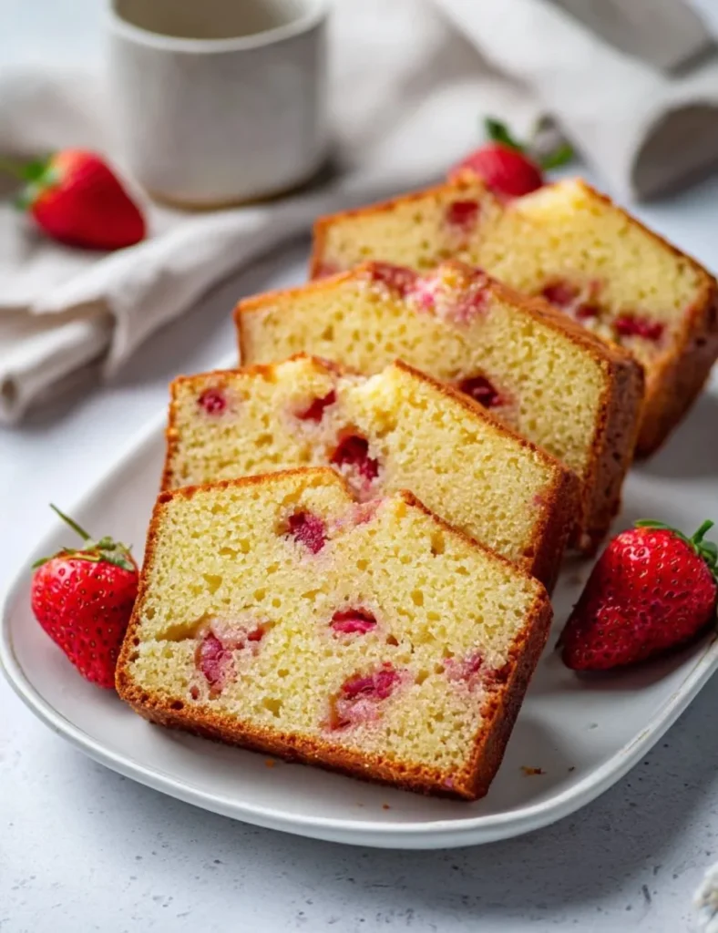 Freshly baked Strawberry Pound Cake topped with juicy strawberries.