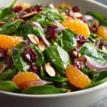 Sweet spinach salad with mandarin oranges and colorful toppings