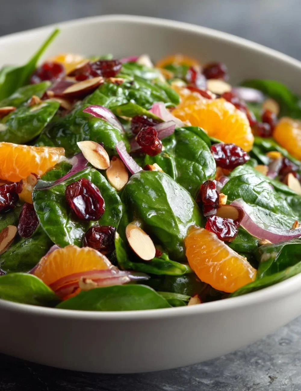 Sweet spinach salad with mandarin oranges and colorful toppings
