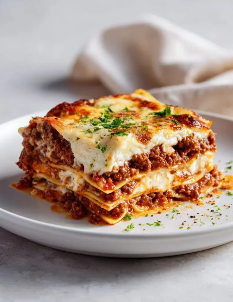 Delicious high protein cottage cheese lasagna bake served in a dish