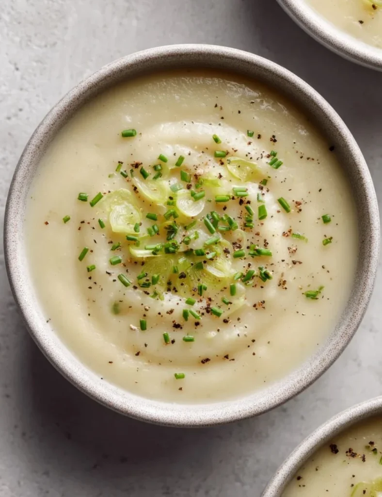 Bowl of creamy Vegan Potato Leek Soup garnished with fresh herbs