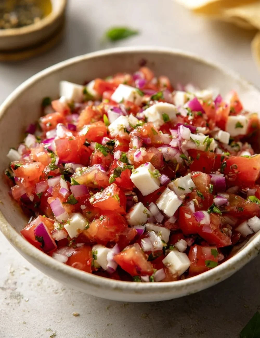 Delicious vibrant bruschetta dip served in a bowl with fresh tomatoes and basil