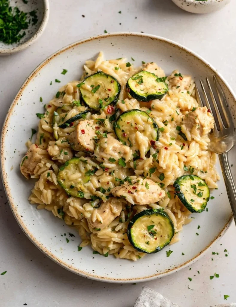 Zesty lemon butter chicken with orzo and zucchini served on a plate