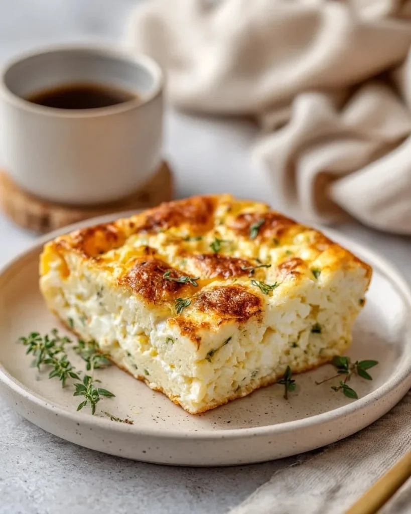 Baked cottage cheese eggs topped with herbs in a baking dish