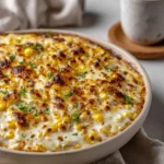 Delicious baked elote dip served in a bowl with tortilla chips