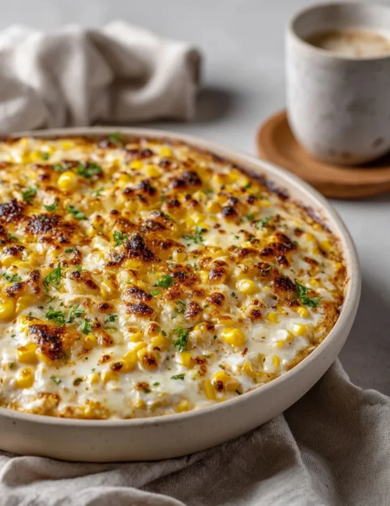 Delicious baked elote dip served in a bowl with tortilla chips