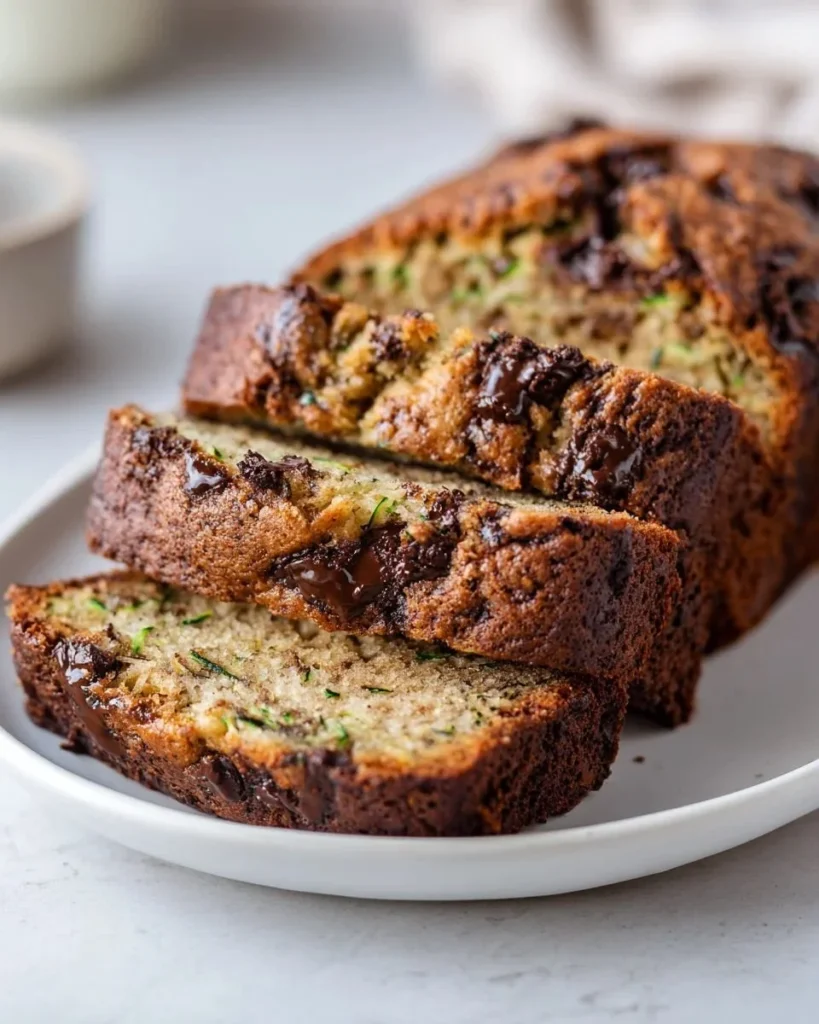 Sliced banana zucchini bread with banana and zucchini ingredients displayed