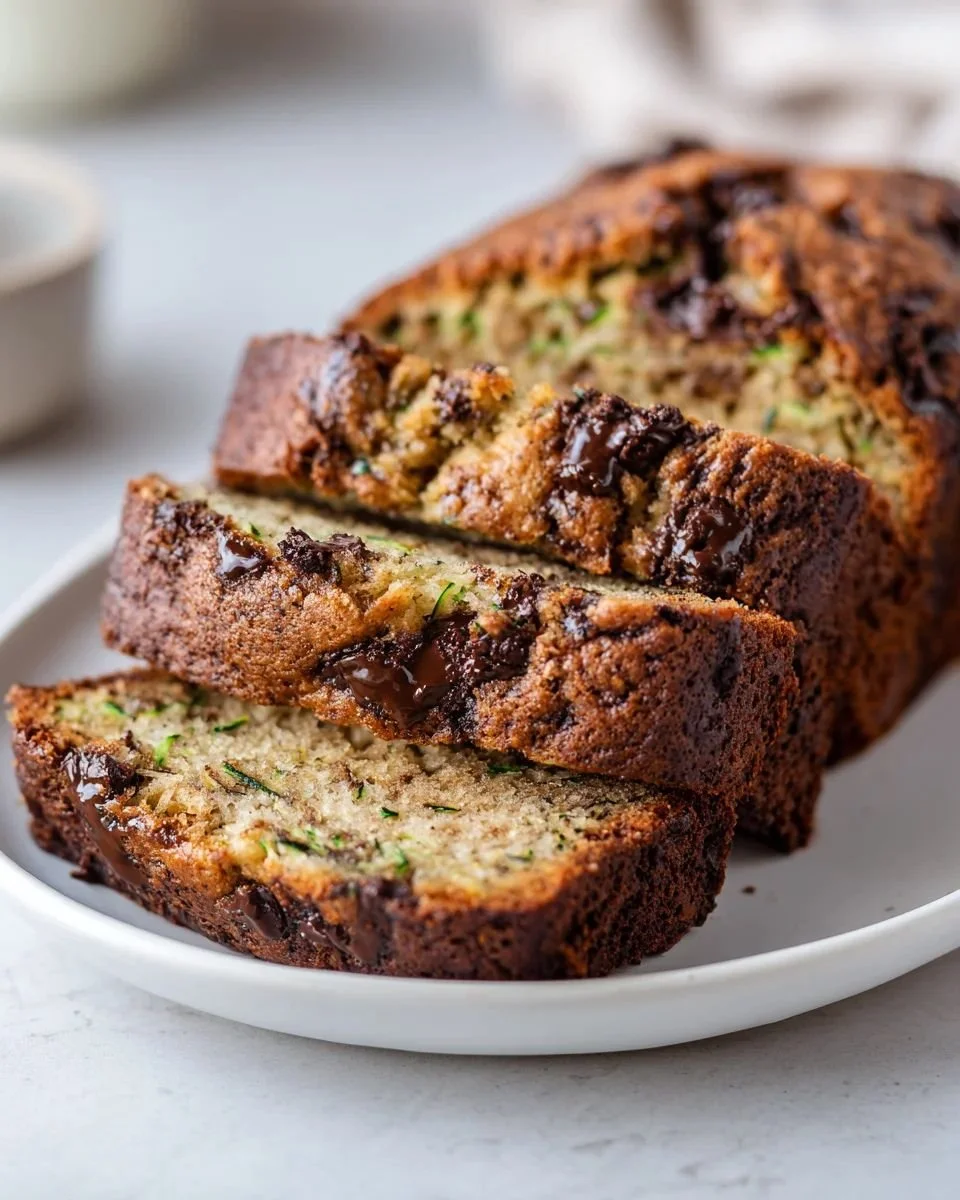 Sliced banana zucchini bread with banana and zucchini ingredients displayed