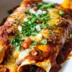 Plate of beef and bean enchiladas topped with cheese and salsa.