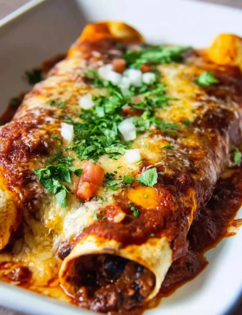 Plate of beef and bean enchiladas topped with cheese and salsa.