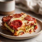 Beef pepperoni zucchini pizza casserole served in a dish