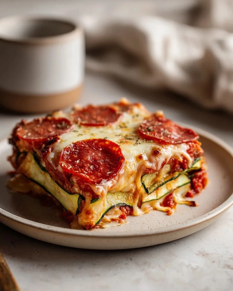 Beef pepperoni zucchini pizza casserole served in a dish