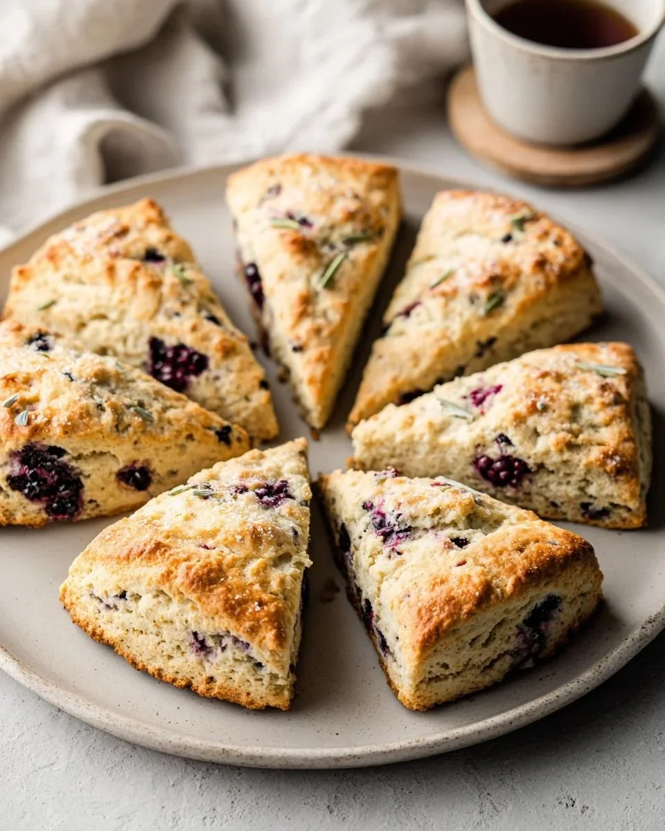Freshly baked Blackberry Lavender Scones on a rustic table.
