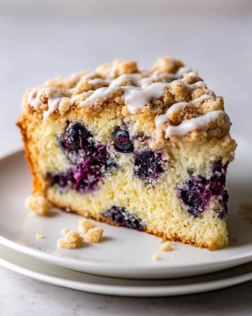 Freshly baked blueberry coffee cake with a crumbly topping