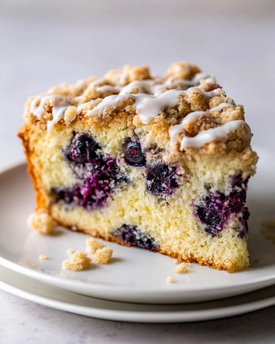 Freshly baked blueberry coffee cake with a crumbly topping