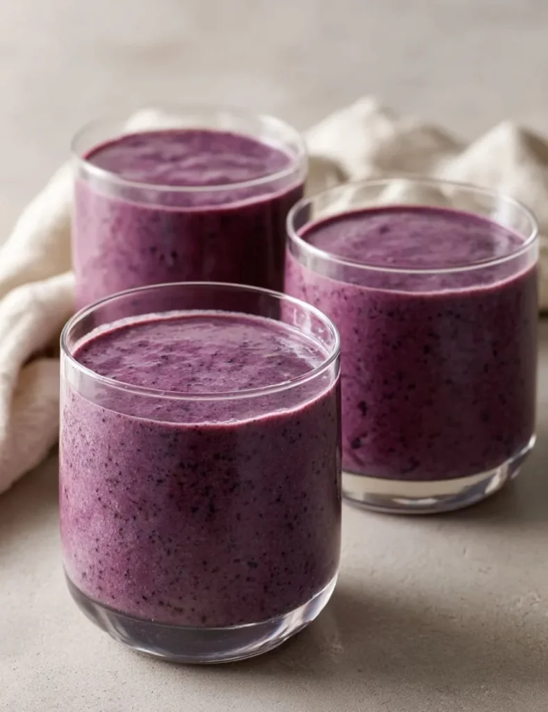 Blueberry cottage cheese smoothie in a glass with fresh blueberries