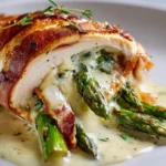 Brie asparagus beef prosciutto stuffed chicken on a plate