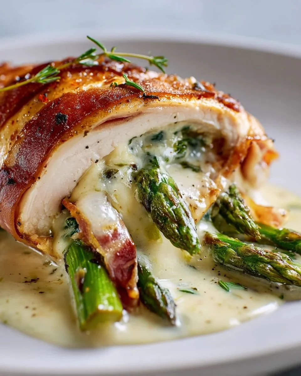 Brie asparagus beef prosciutto stuffed chicken on a plate