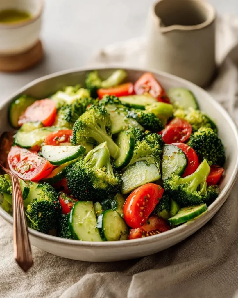 Fresh broccoli cucumber and tomato salad in a bowl with vibrant vegetables