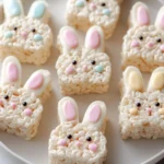 Bunny shaped Rice Krispies treats decorated for Easter