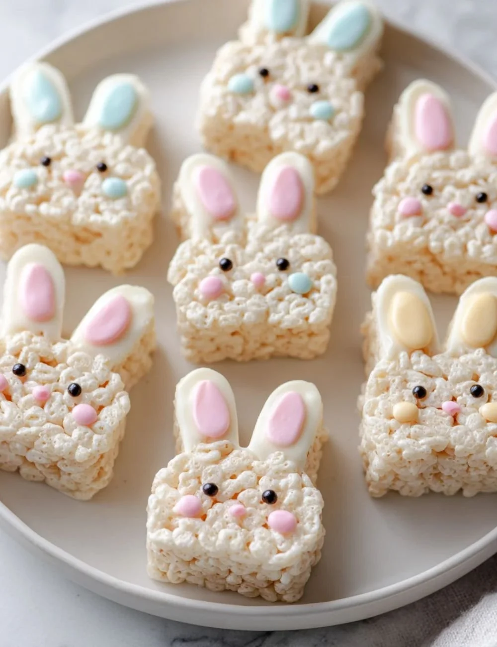 Bunny shaped Rice Krispies treats decorated for Easter