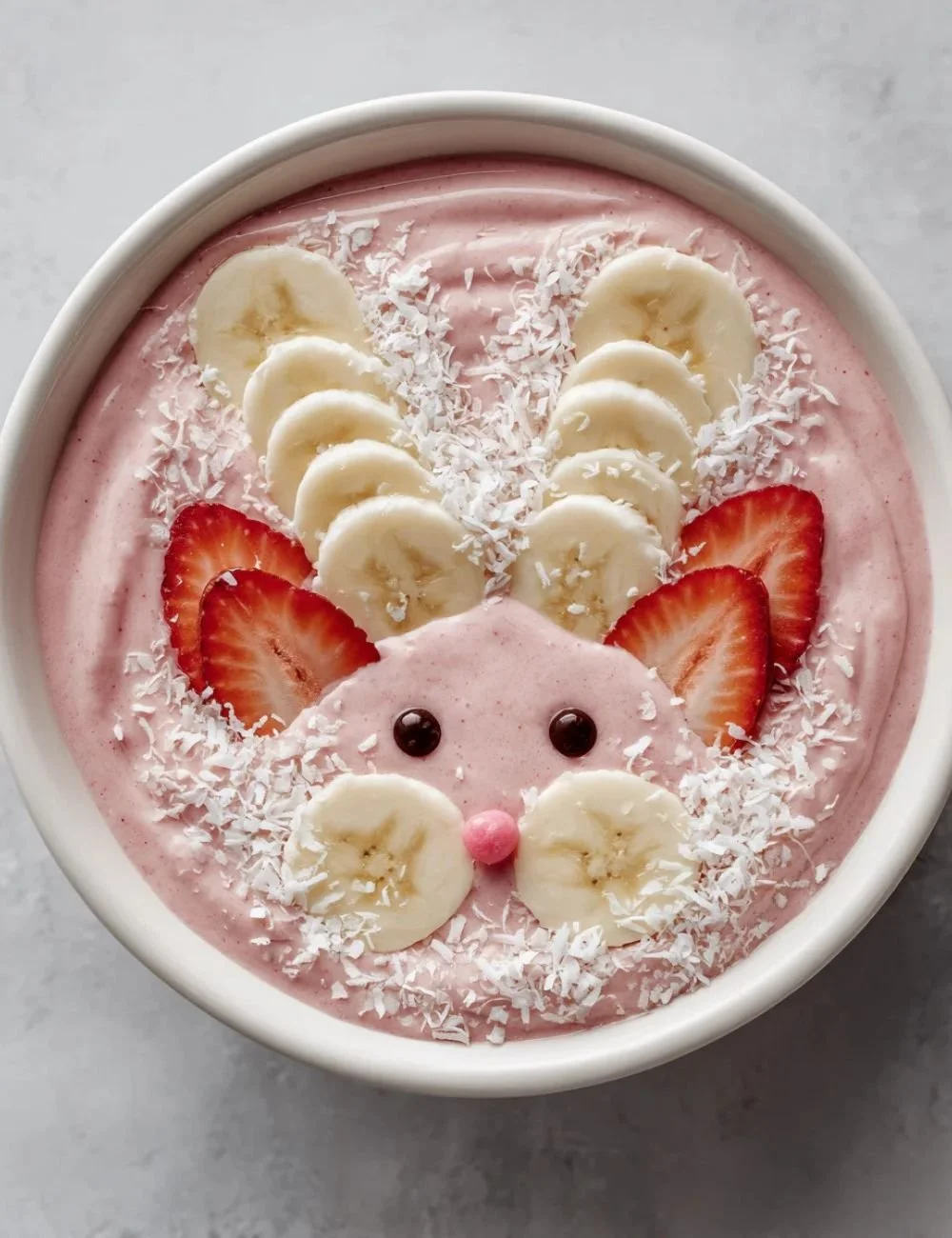 Colorful and healthy Bunny Smoothie Bowl topped with fruits and nuts.