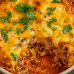 Cheesy ground beef and rice casserole in a baking dish