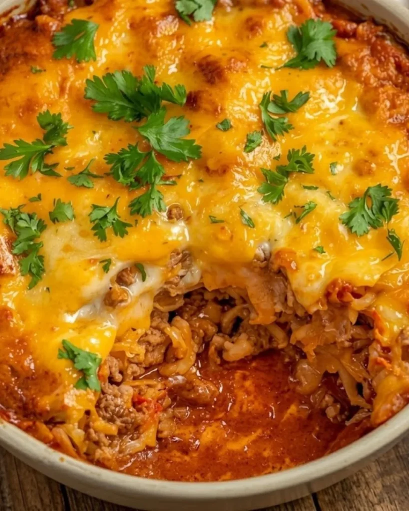 Cheesy ground beef and rice casserole in a baking dish