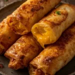 Cheesy potato burritos served on a plate garnished with fresh cilantro.