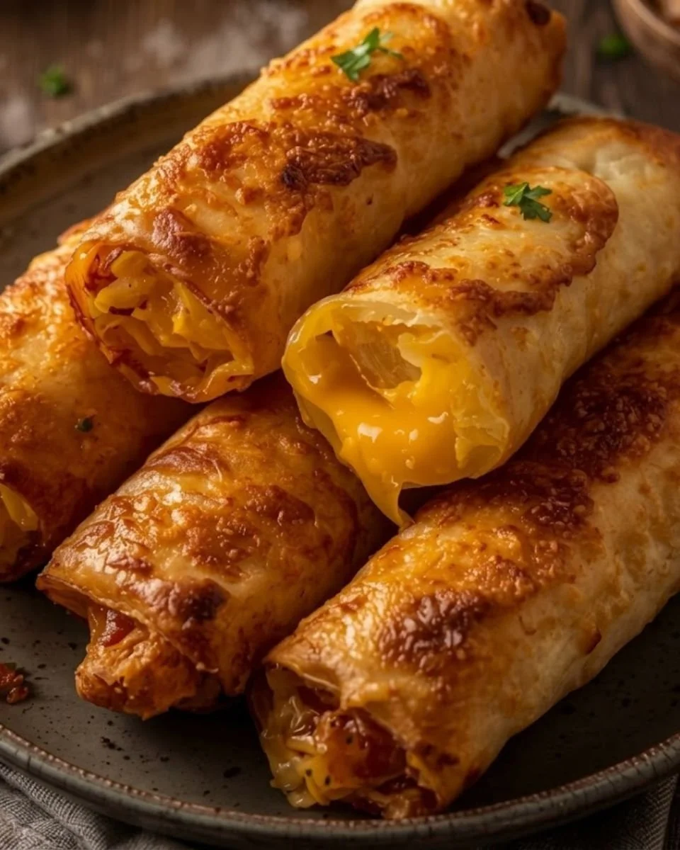 Cheesy potato burritos served on a plate garnished with fresh cilantro.