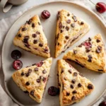 Freshly baked cherry chocolate chip scones on a wooden table