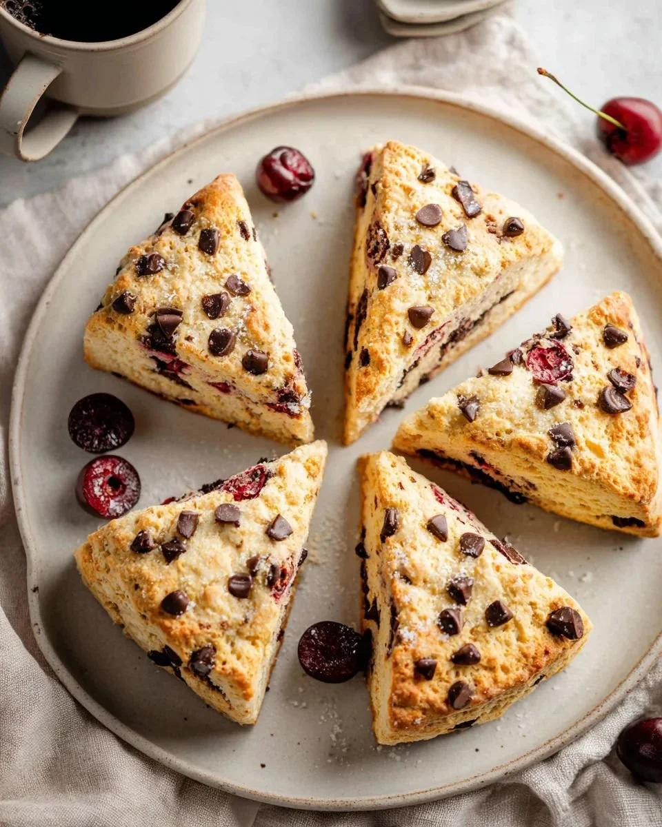 Freshly baked cherry chocolate chip scones on a wooden table