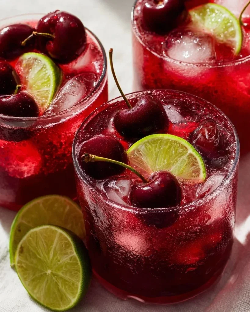 Chilled Cherry Limeade drink in a glass with cherry and lime garnish