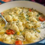 A bowl of chicken and dumpling soup garnished with herbs and served warm.
