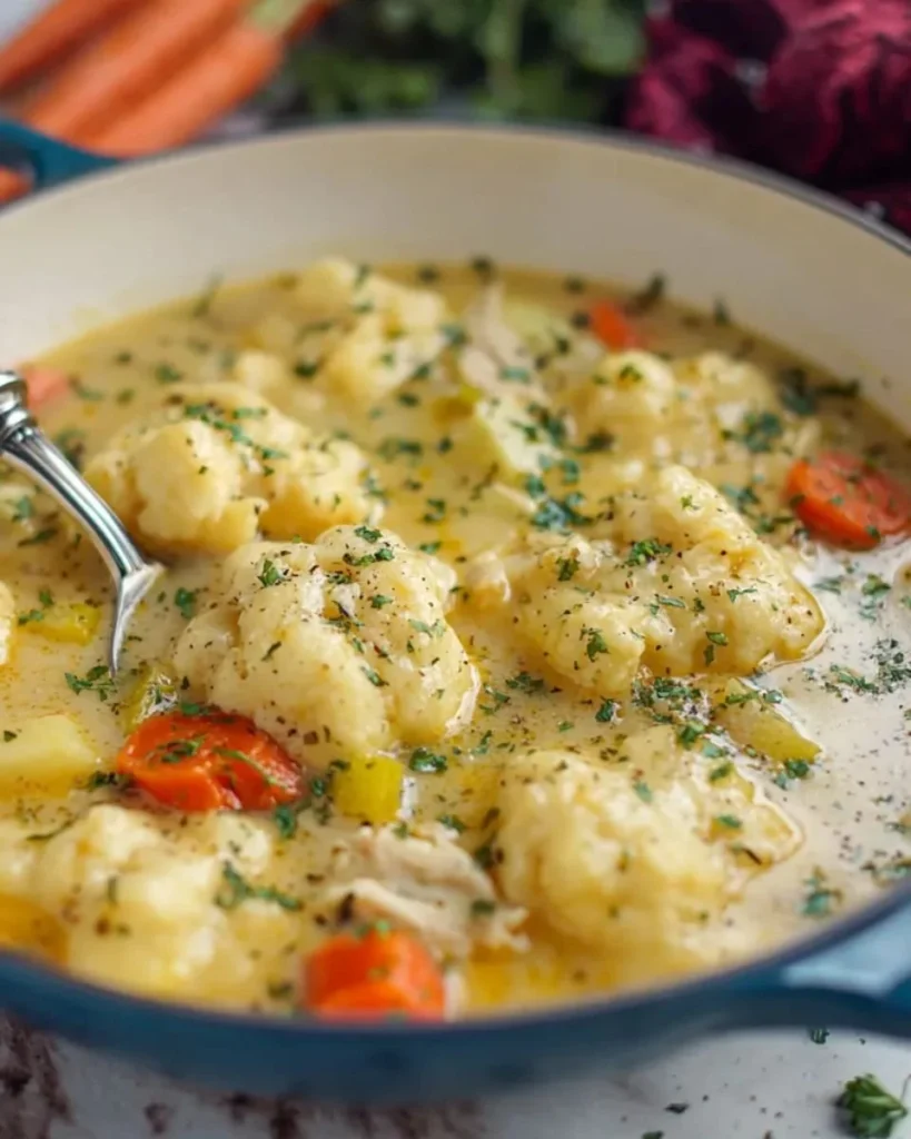 A bowl of chicken and dumpling soup garnished with herbs and served warm.