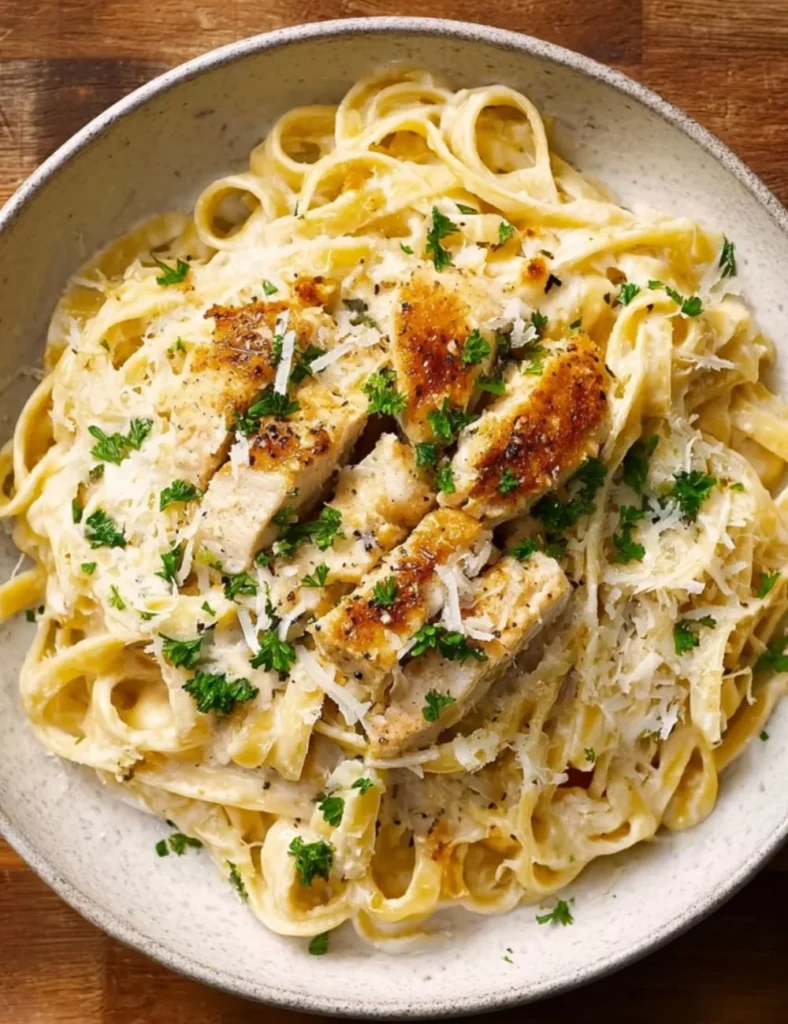 Delicious bowl of Classic Chicken Alfredo with pasta and creamy sauce