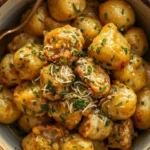 Bowl of creamy Crack Chicken Gnocchi garnished with herbs